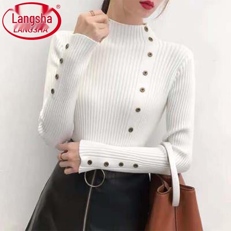 Langsha Women's High-Neck Button-Accent Slim Knit Sweater