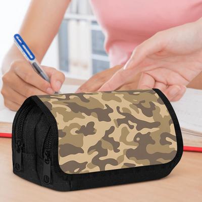 Double Layer Pencil Case with Vibrant Brown-Tan Camo Design, Durable Fabric Zipper Closure Pouch - Portable Organizer for School, Office & Gaming Acce