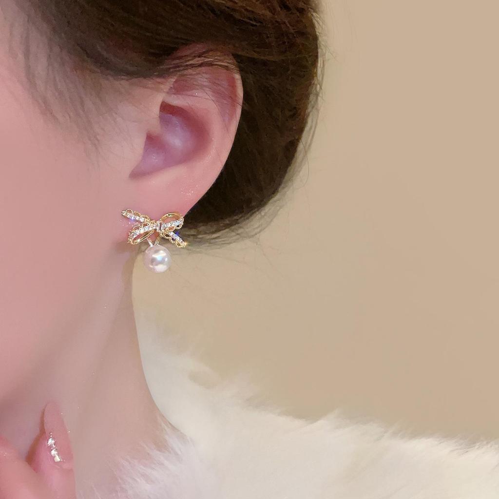 2026 Trendy Light Luxury Diamond Bow Pearl Stud Earrings