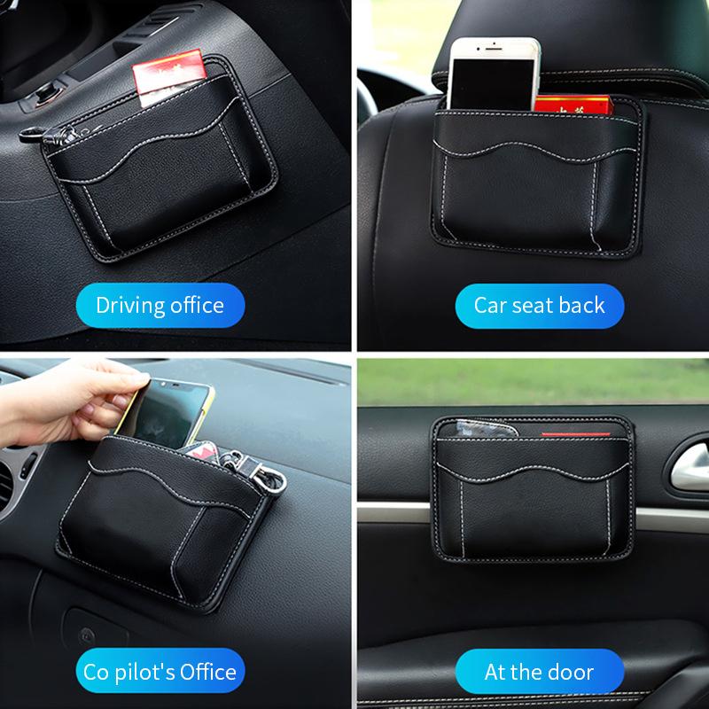 Leather Car Storage Bag Small Debris Organizer Hanging Cell Phone Mobile Paste Type Bag for Stowing Tidy Universal Accessories