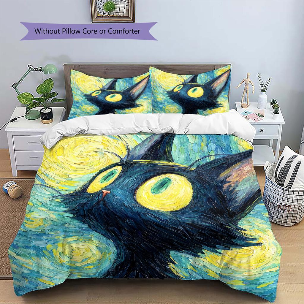 Starry Sky Black Cat  Pattern Bedding Quilt Set Quilt Cover Pillowcase Home Decoration  Gift (1 * Duvet Cover + 2 * Pillowcase, Without Core)