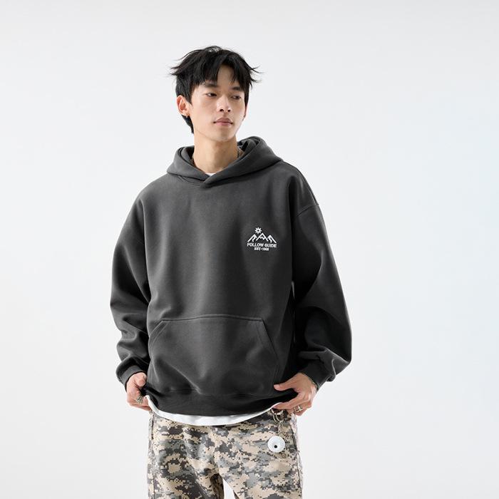 2025 Trendy Unisex Mountain Embroidery Heavyweight Hoodie: Simple Loose Casual Sports Sweatshirt 3XL