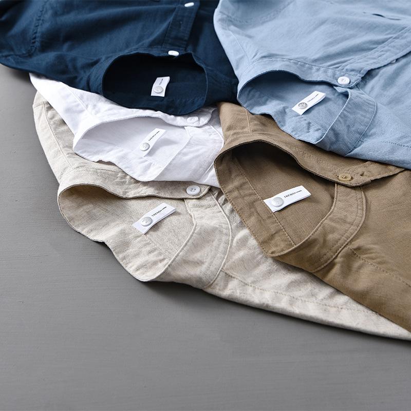 Cotton Linen Shirt Mandarin Collar Long Sleeve Casual Loose Fit Button-Up Shirt Men's Retro Camping Fishing