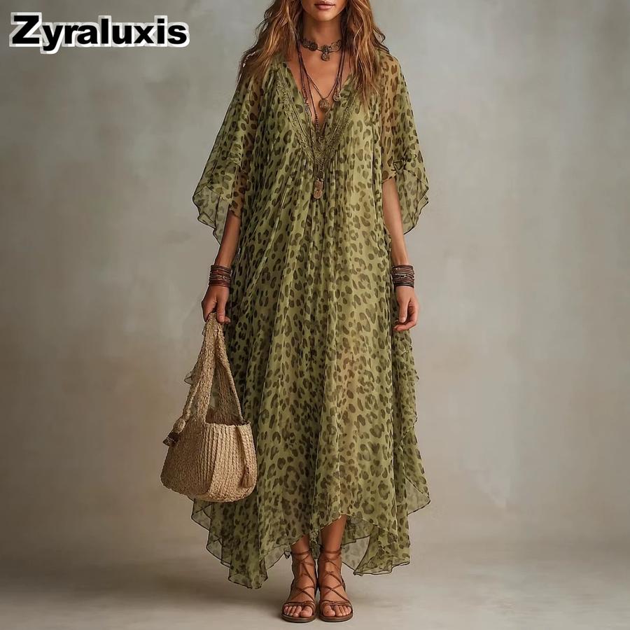 Autumn Fashion Loose Leopard Print Chiffon Maxi Dress S