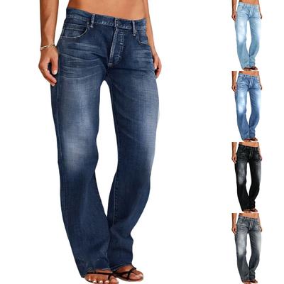 Jeans de Moda para Mujer de Cintura Alta Rectos Sueltos Encaje Elásticos Ligeros