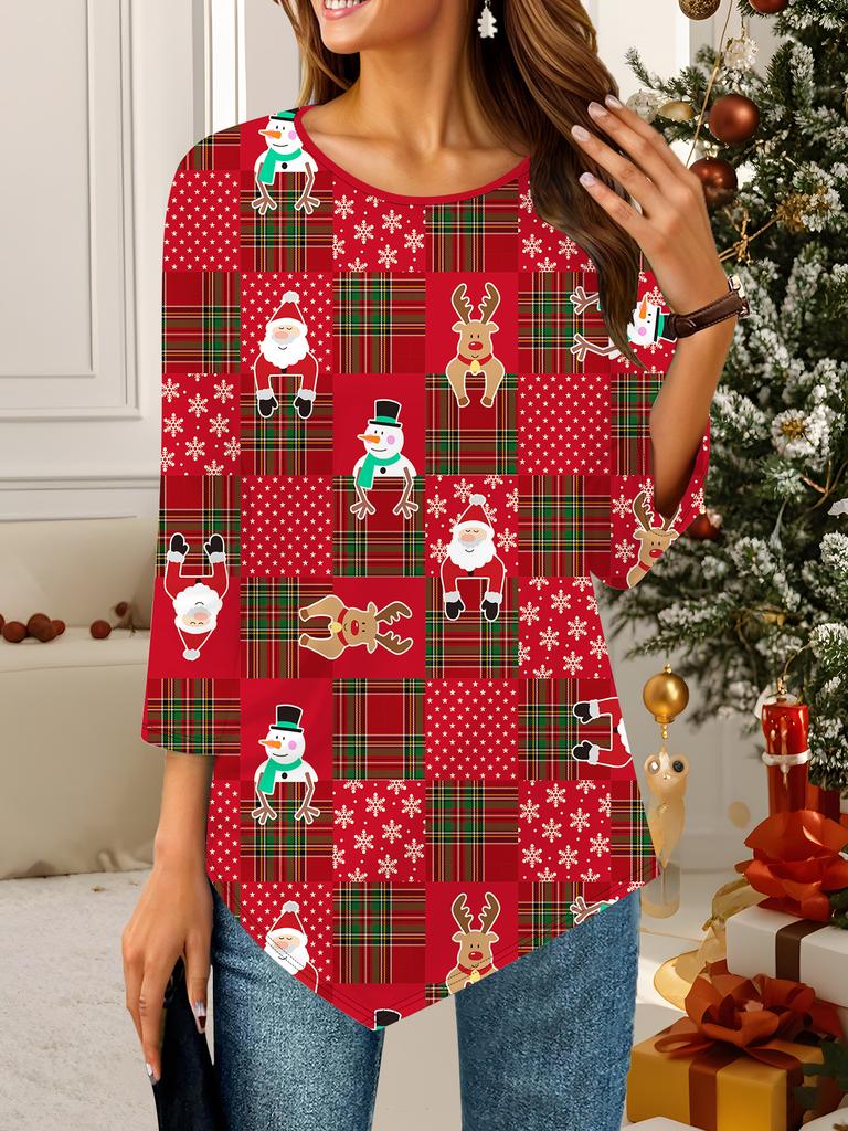 Maglietta da donna ampia a manica a tre quarti con scollo rotondo, motivo natalizio 3D, ideale come regalo per Halloween e Natale