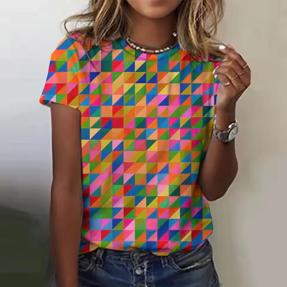 Summer Round Neck Geometric Pattern 3D Print Top Fashionable Casual Colorful Short Sleeved Women's T-shirts