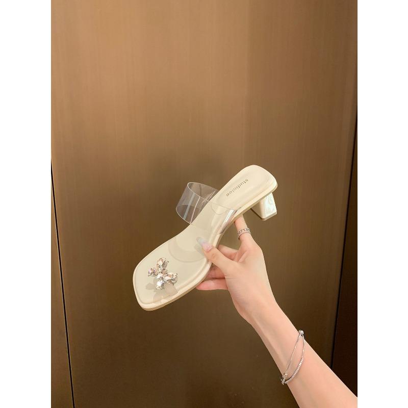 

~ Fairy air fluttering~ Exquisite butterfly rhinestone temperament square head transparent with high heels cool slippers 40