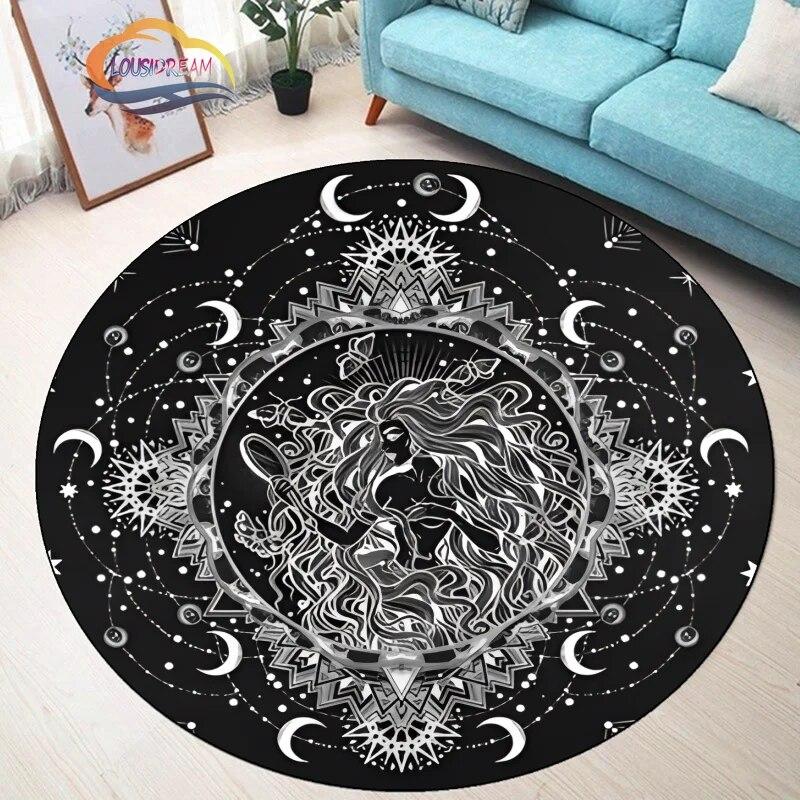 Pentagram Carpet Moon Satanic Round Rug Skull &  , Wicca  White  On Black  Goth Home Decor Chair Mats