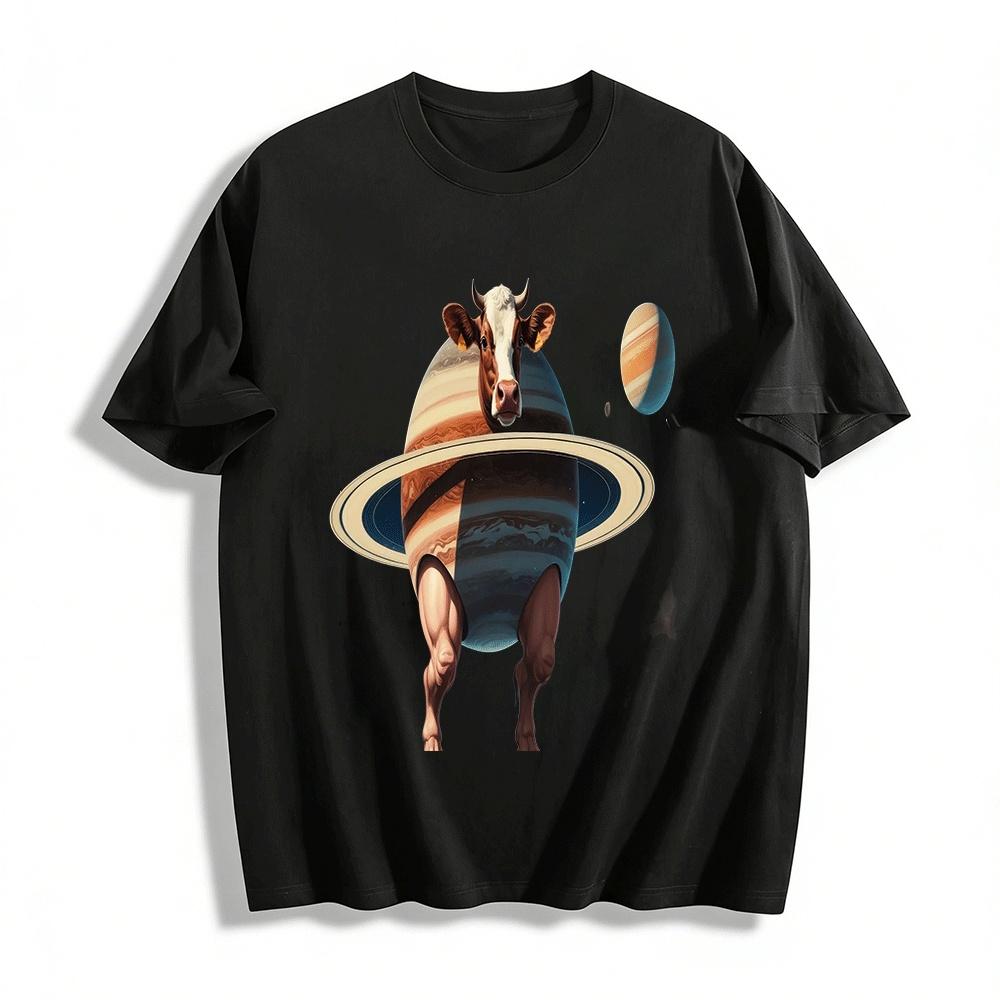 Funny Saturn Cow Graphic Print Casual Tee Pure cotton T-shirt XXS