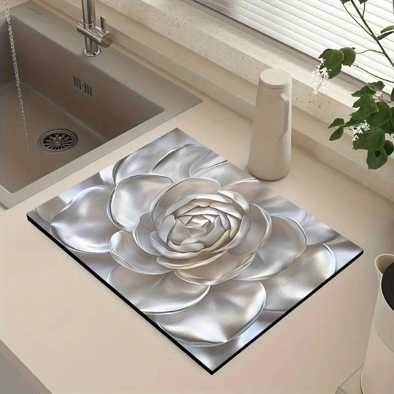 1Pcs Rubber Drying Mat With Lotus Pattern For Coffee Shop Restaurant Kitchen Carpet Tableware Durable Diatom Mud Table Mat Pet Mat Coffeeware