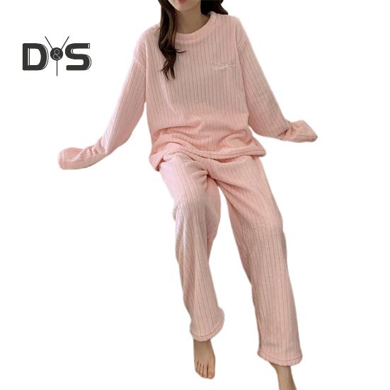 

Комплект из 2 предметов унисекс, зимняя пижама, круглый вырез, однотонный утолщенный коралловый флис, домашняя одежда, топ и штаны, свободная домашняя одежда, женская ночная одежда светло-розовый
