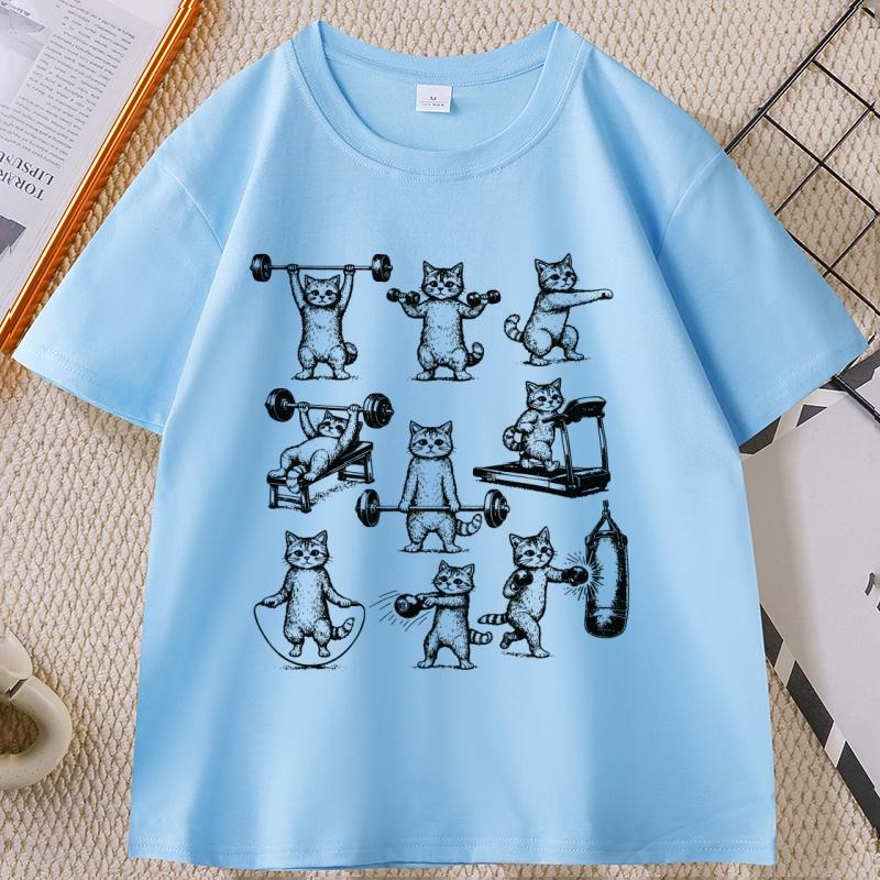 Funny Cats Gym T Shirt Unisex WOMEN Cat Workout T-Shirt Weight Lifting Gym Cat Tee O Neck Short Sleeve Tee Shirt Unisex Clothing
