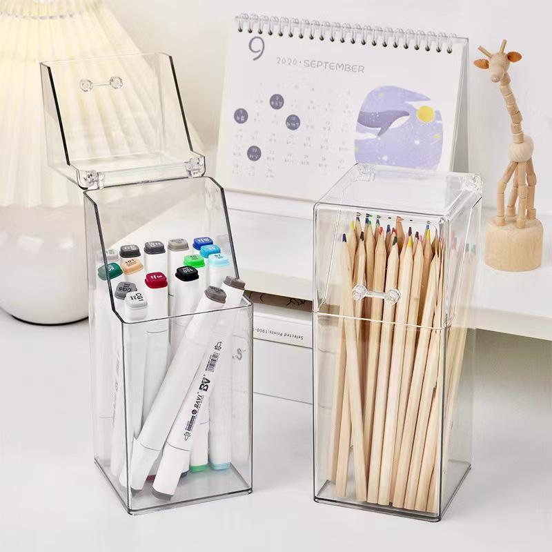 Large Capacity Dustproof Flip-Top Desk Organizer and Makeup Brush Holder