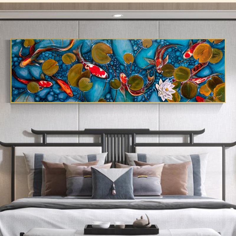 New Chinese Style Goldfish In the Lake Oil Painting Printed On Canvas Feng Shui Koi Lotus Posters for Living Room Decoration