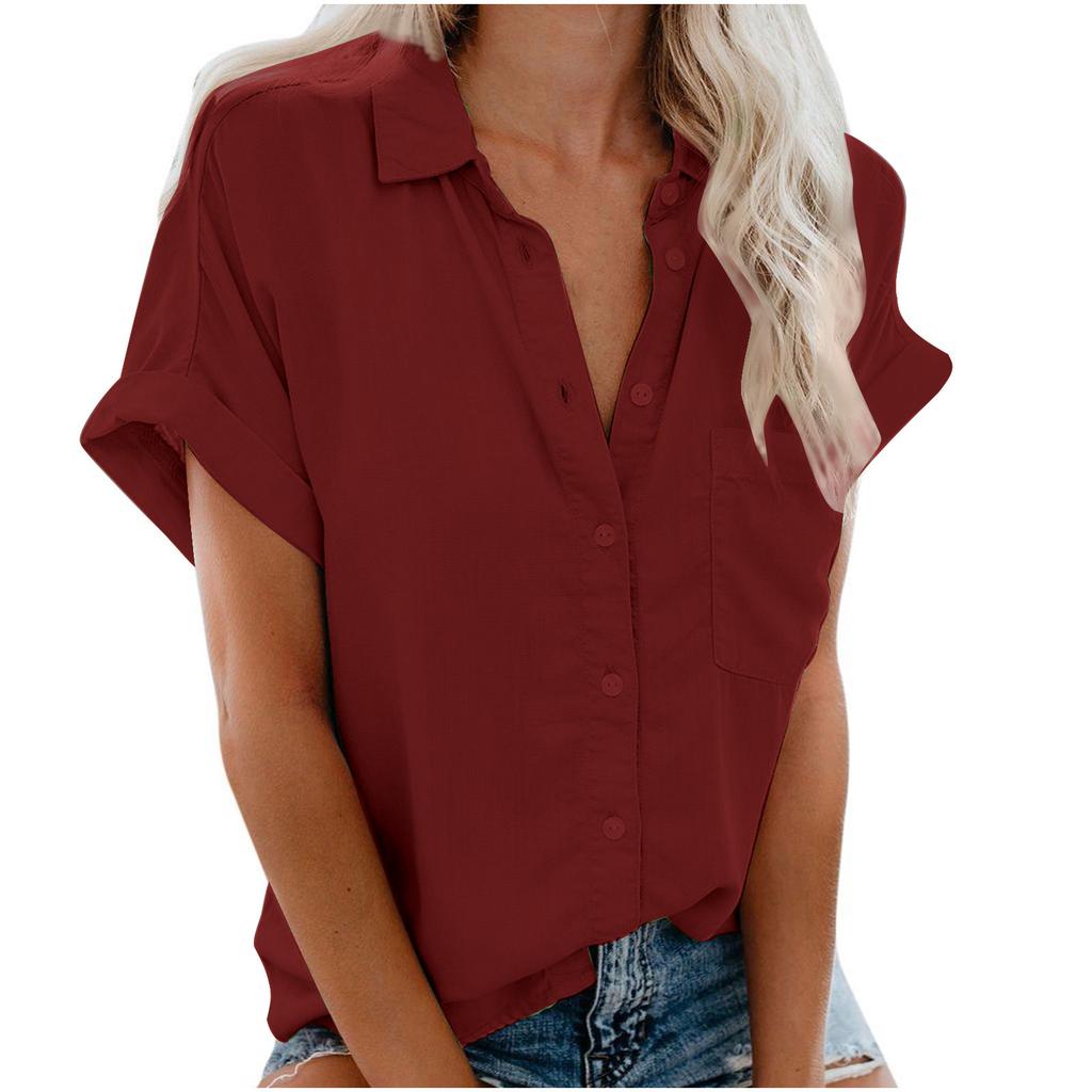 Women's Point Collar Short Sleeve Button Down Shirt Straight Fit Casual Summer Blouse
