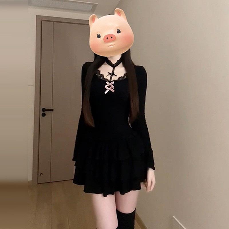 Pure Desire: Sexy Black Lace Bowknot Dress - Slim Fit, Hip-Hugging Short Skirt for Spring & Autumn 2025 M