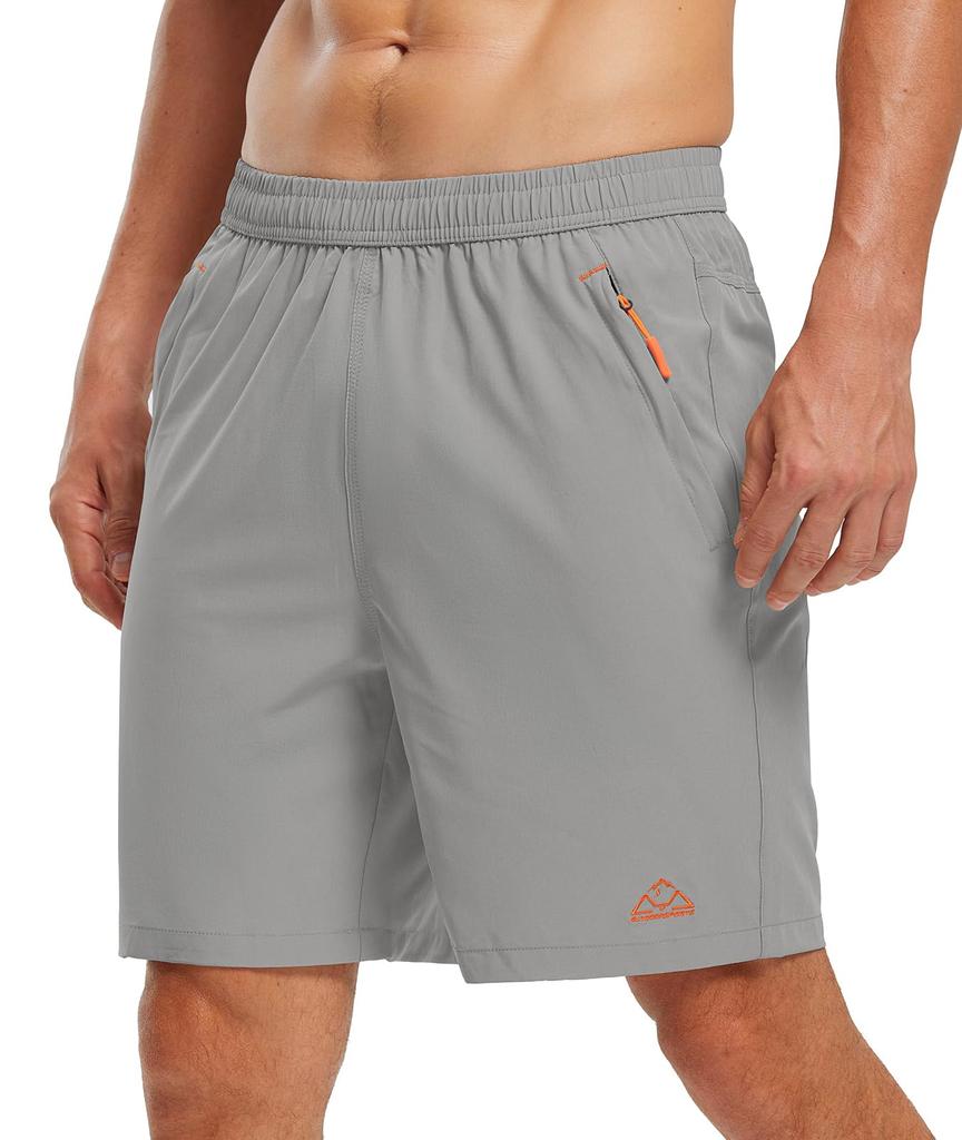 Gopune Men's Running Shorts, Quick-Dry Sweat-Wicking Sports Half Pants with Zipper Pockets, for Soccer Tennis Marathon Hiking (Light Gray, 2L)