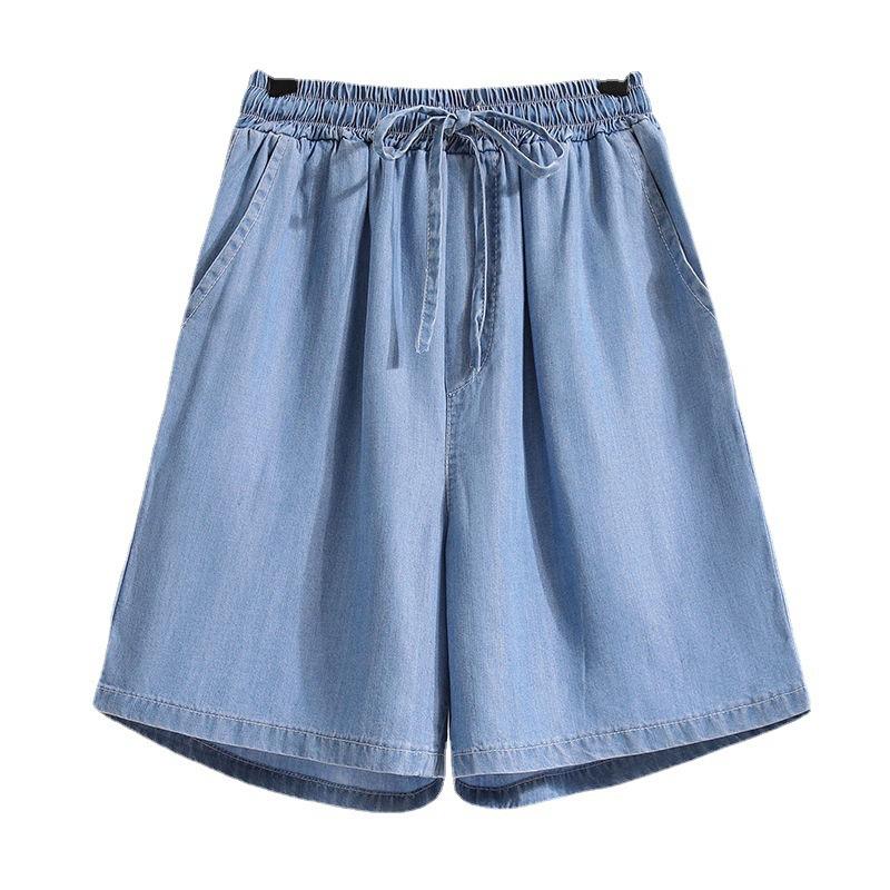 Tencel Denim Shorts Women's Summer New Thin Ice Silk Casual Cropped Loose Wide Leg High Waist A- line Hot Pants Large Size