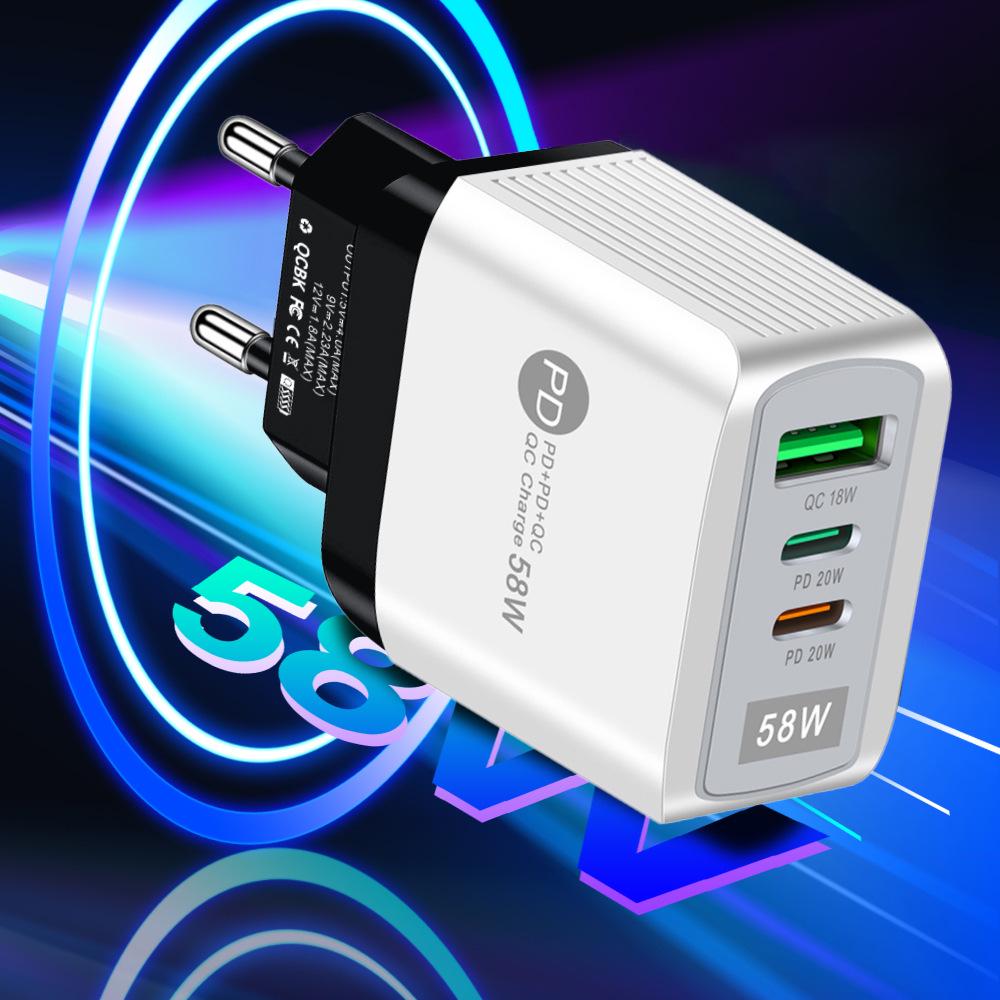 58W Dual Fast Charger with 2PD + QC3.0 for EU, US, UK, AU Plugs