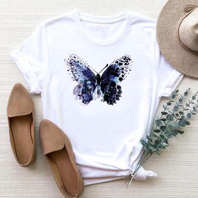 Europäische Größe Kleidung Damen Schmetterling Aquarell Trend Niedlicher Druck Kurzarm T-Shirt Top Mode T-Shirt Frau Weiblich T Grafik-T-Shirts