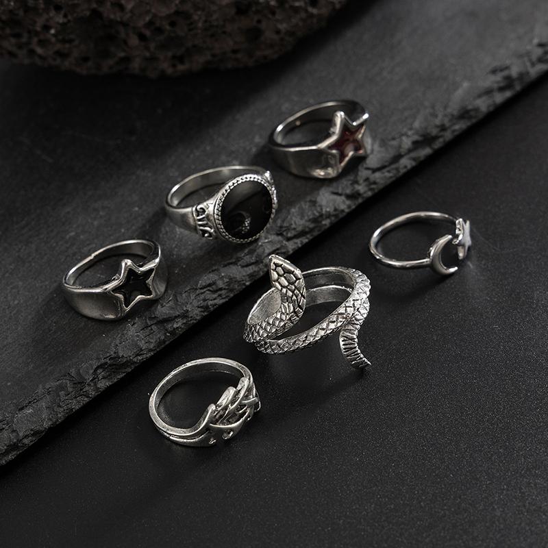 6Pcs/Set Fashion Creative Irregular Snake Stars Open Rings For Men Goth Adjustable Knuckle Ring Jewelry