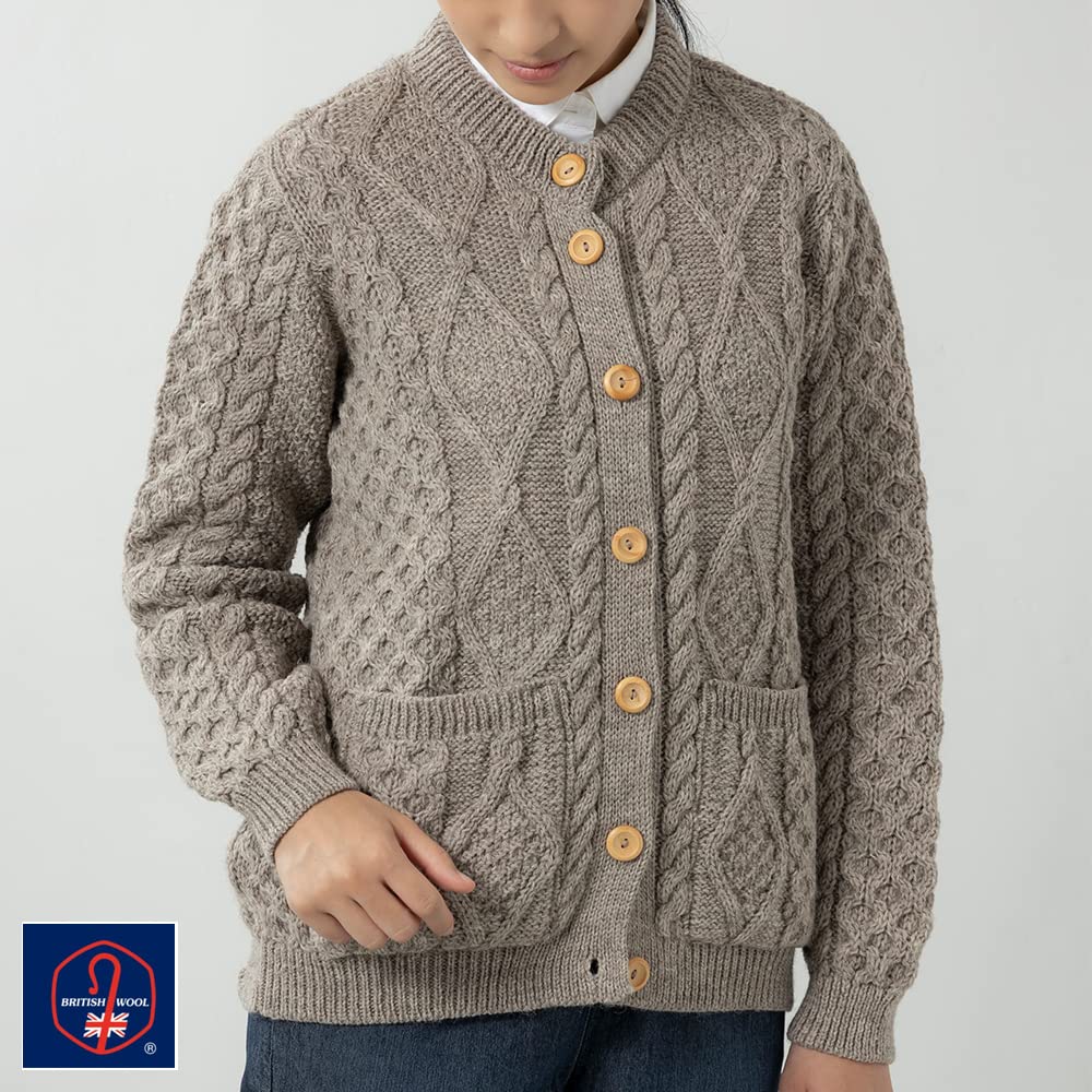 Cooper Cable Crew Neck Made in Winter J.M. Women's Cardigan, England, Wool, Thick, (Size L, Beige)