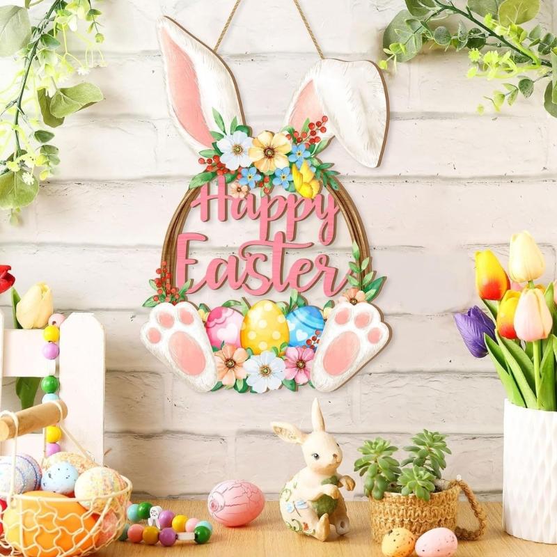 Easter Wooden Welcome Sign with Spring Flowers Rabbit Designs for Door Decoration Hanging Ornament