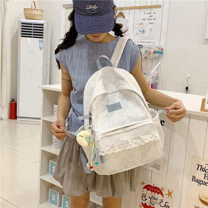 Schoolbag Light Grey Texture Fashion Lace Backpack Women's Simple Gentle Large Capacity Middle and High School Student Versatile School Bag