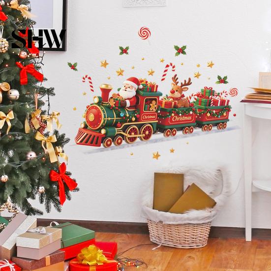 Christmas Window Clings Train Wall Sticker, Santa Claus Reindeer Decals, Self Adhesive Xmas Party Decor Murals, Removable PVC Art for Home Living Room