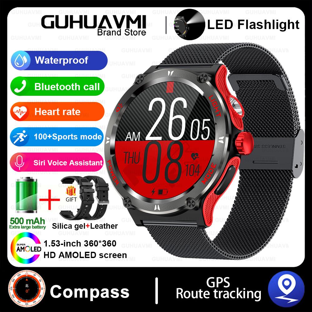 Outdoor Military Smart Watch Men LED Strong Light AMOLED Screen Heart Rate Compass Bluetooth Call 3ATM Waterproof Smartwatch