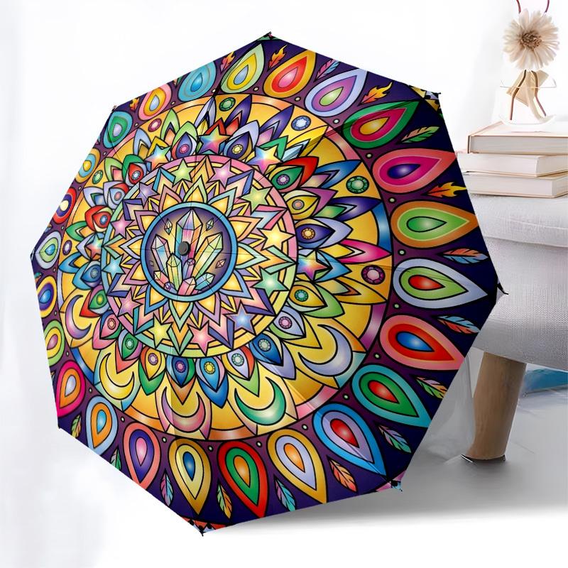 1pc Mandala, Crystal, Symmetry Umbrella with Plastic Handle,Compact & Stylish,Suitable for All Seasons YS331082