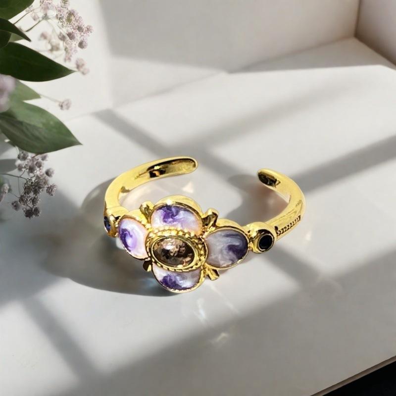 Violet Purple Enamel Drip Open Ring Medieval French High Sense Flower Ring Female