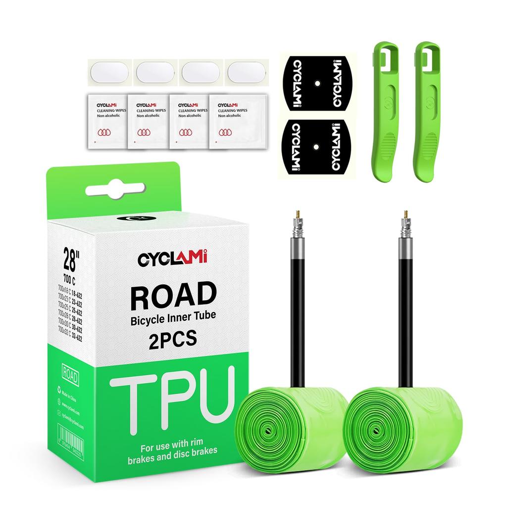 Set of two CYCLAMI 30g TPU Road Bike Inner 700C Bike 65mm Valve Japanese Instruction Manual 4 Inner Patches and 2 Inner Pry Ultra-Lightweight Tubes,