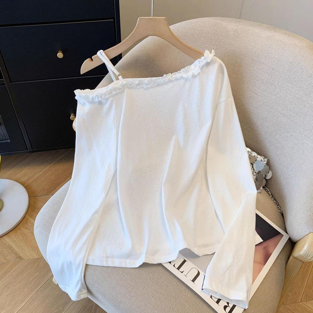 Women's Plus Size Off-Shoulder Letter Print Long Sleeve Lace Top