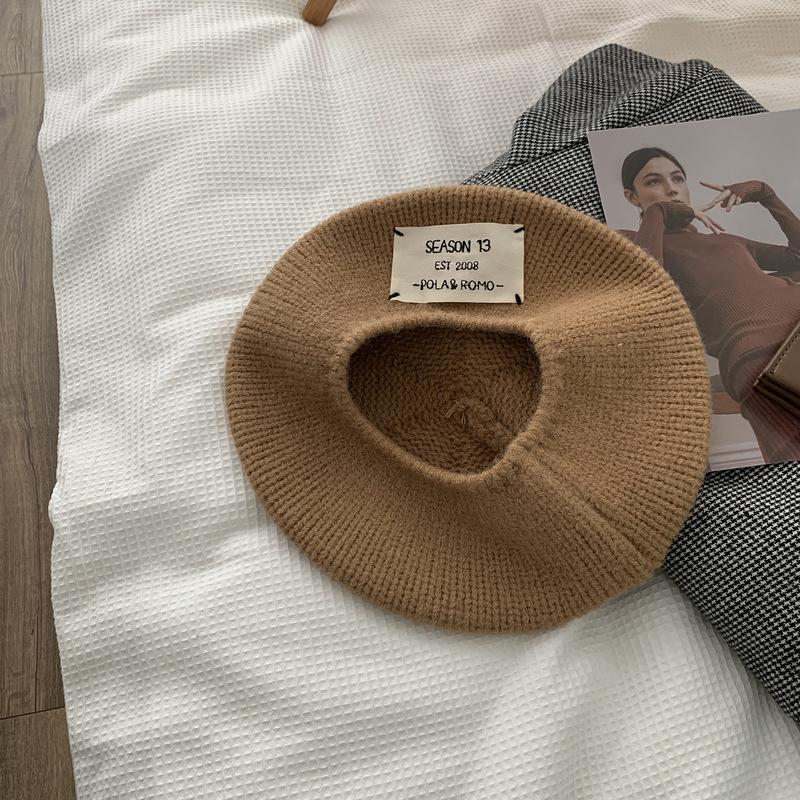 Porridge Cocoa Knitted Hat Woolen Hat Label Beret Women Autumn and Winter Versatile Warm Big Head Painter Hat