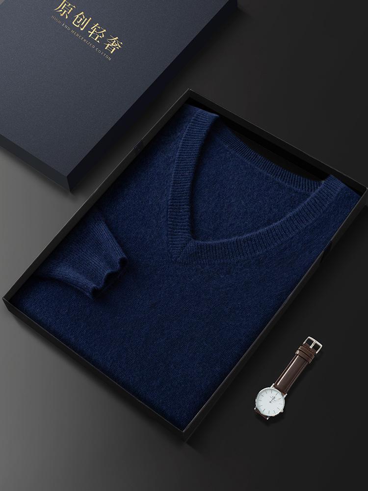 Men's V-Neck Cashmere Sweater: Loose Fit, Solid Color, Business Casual Pullover for Autumn and Winter