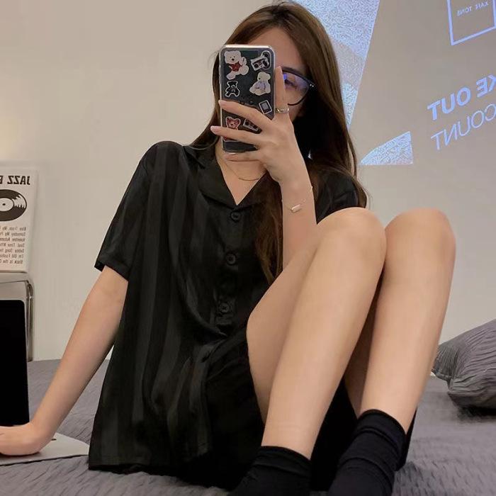 Lace Long Sleeve Black Cardigan Pajamas for Women – Sweet and Loose Spring/Autumn Homewear with Long Pants