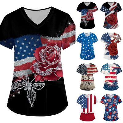 Women's Independence Day Printed Loose V-Neck Pocket Short-Sleeve Caregiver/Uniform