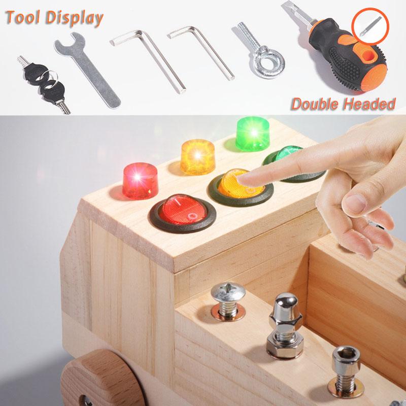 Wooden Montessori Busy Board Sensory Toys Switch Control Box LED Light Tool Cart Screw Game Early Learning Toy for 2-4 Years Old