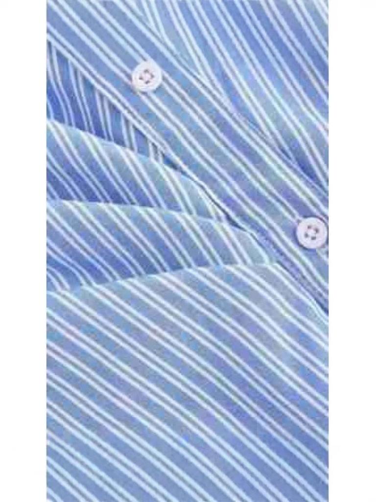 European Asymmetrical Twist Knot Blue & White Striped Long-Sleeve Women's Shirt