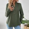 Women's Half Button Henley Shirts Pleated Notched V Neck Long Sleeve Blouses Curved Hem Loose Fit Solid Textured Tops