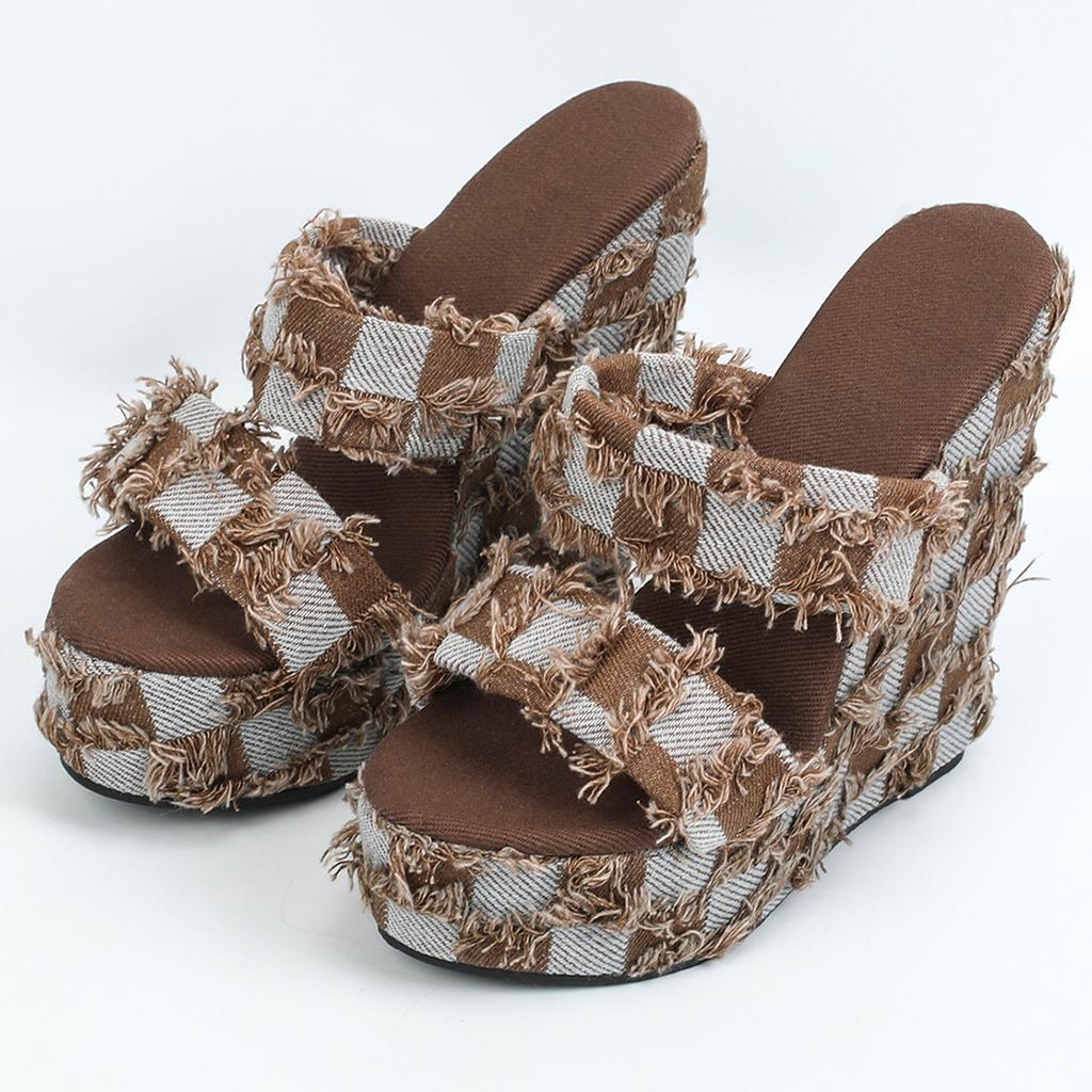 Fashion Summer Wear 15CM Flip-flops with A Slope Heel and High-heeled Denim Sponge Thick-soled Large-sized Women's Sandals Over Them