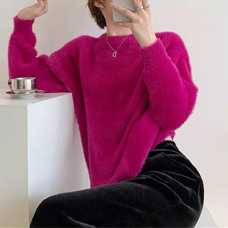 Soft Fuzzy Faux Mink Knit Sweater Women Round Neck Loose Fit Long Sleeve Pullover Cozy Oversized Mid-Length Top In