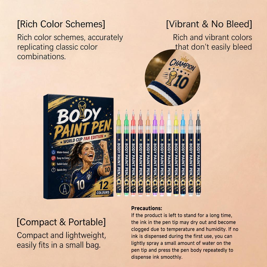 Body Paint Pen World Cup Theme Vivid Color Natural Silk Graffiti Portable Face Paint Set 12 Colors