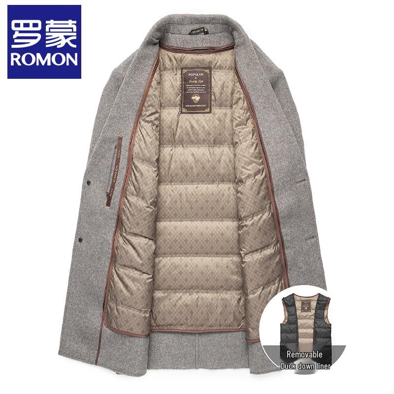ROMON E Men's Mid-Length Wool Blend Overcoat with Down Liner