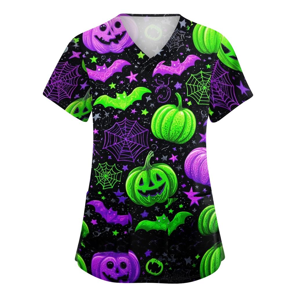 Women's V-Neck Short Sleeve Scrub Top with Pockets - Halloween Print Caregiver Work Shirt for , , and Uniform