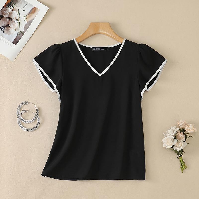 ZANZEA Women Casual V-Neck Elegant Ruffles Short Sleeve Blouse S