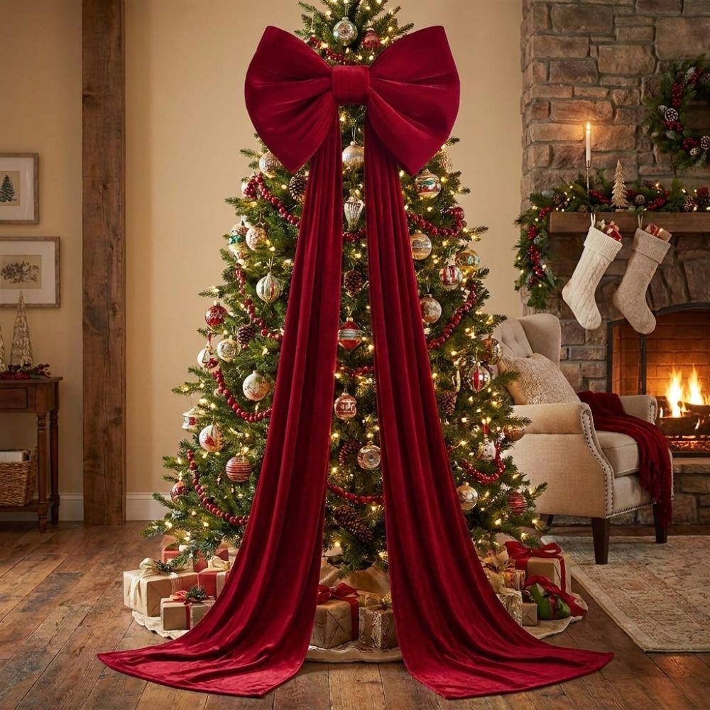 Solid Color Large Velvet Christmas Bow Long Streamers Christmas Wreaths Bow  Staircase Decor