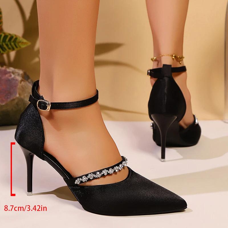 Women's Elegant White Satin High Heel Pumps Fashion Crystal Decor Party Dress Shoes Woman Pointed Toe Ankle Strap Stiletto Pumps